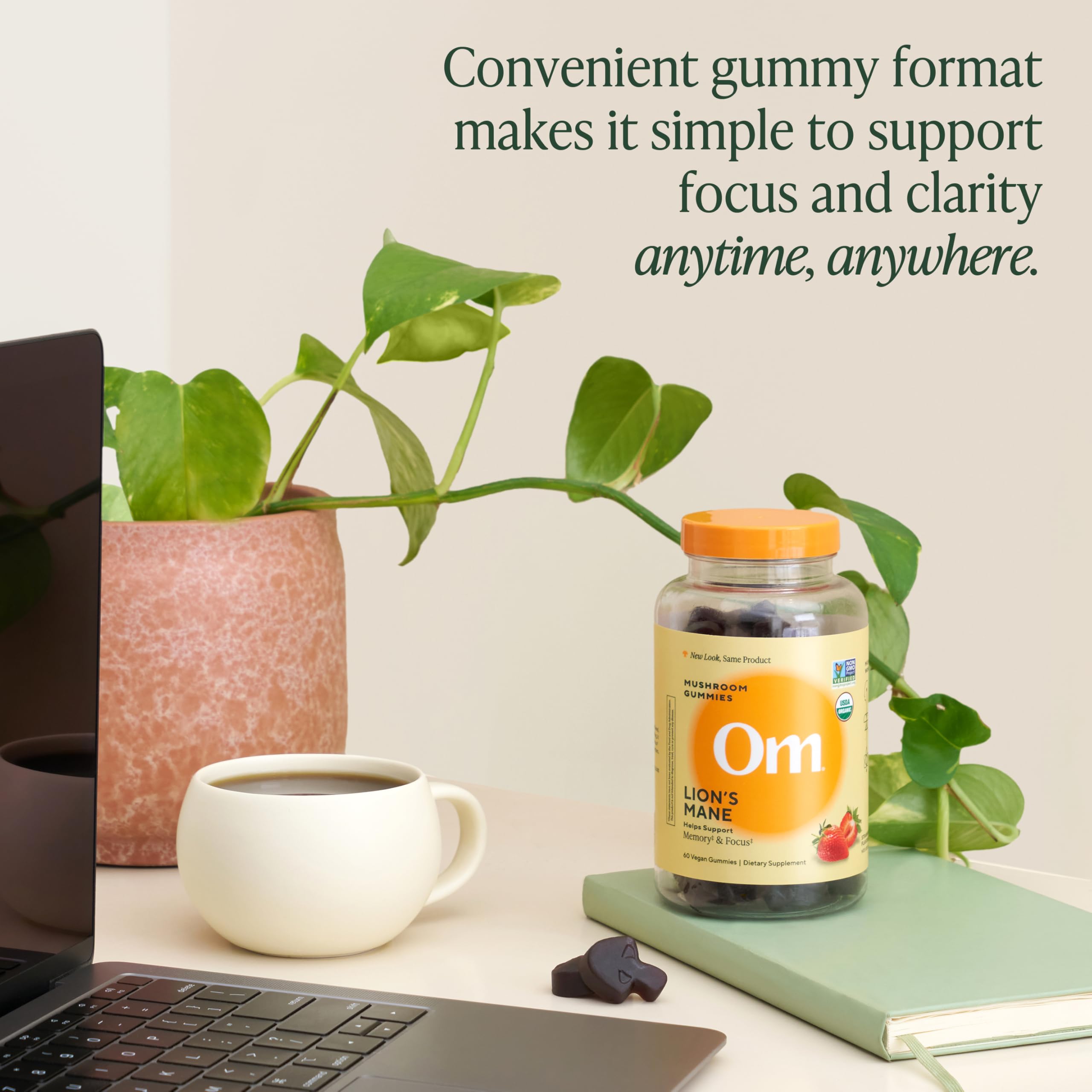 OM Mushroom Superfood Lions Mane Gummies texture closeup, juicy strawberry.