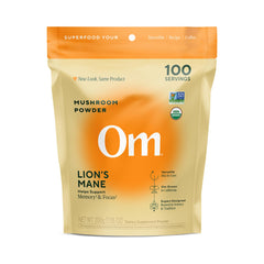 Om Mushroom Superfood Lion’s Mane Powder bottle highlighting organic nootropic support for focus.