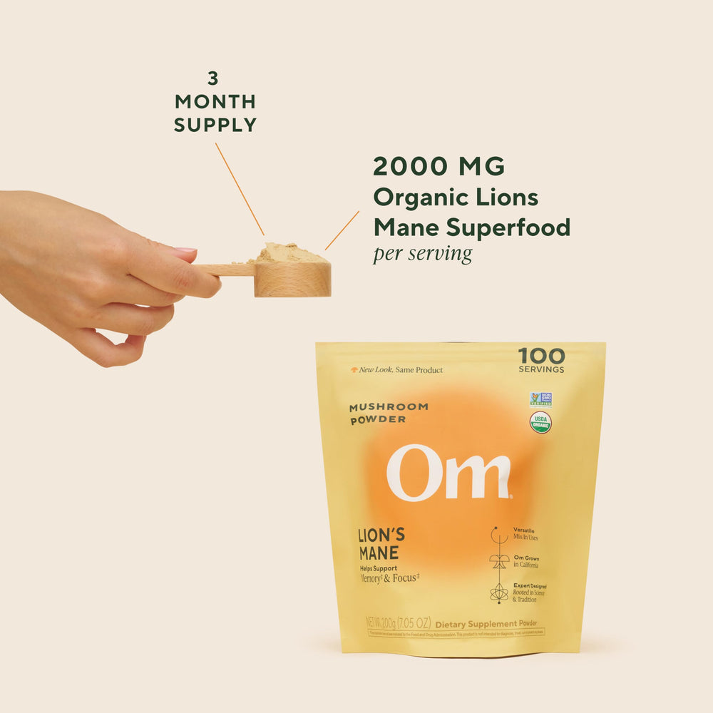 Om Mushroom Superfood Lion’s Mane Powder morning routine adds clean, earthy aroma to rituals.