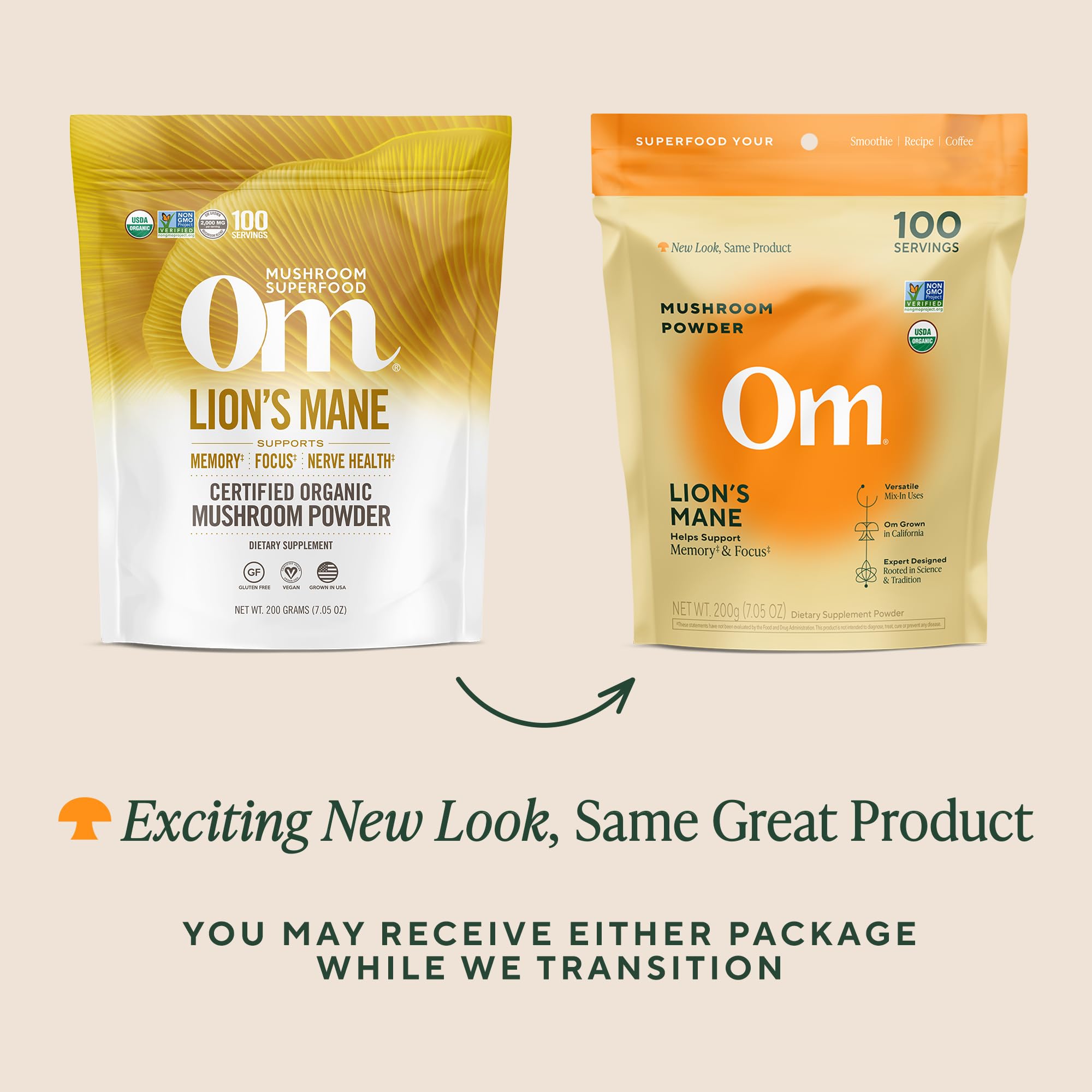 Om Mushroom Superfood Lion’s Mane Powder smoothie option boosts texture and natural flavor.