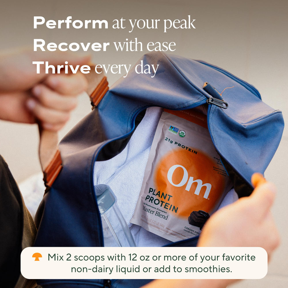 OM Mushroom Superfood Master Blend chocolate packaging highlights USA-grown organic quality.