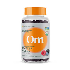 OM Mushroom Superfood Master Blend Gummies in jar promoting immune and gut health.
