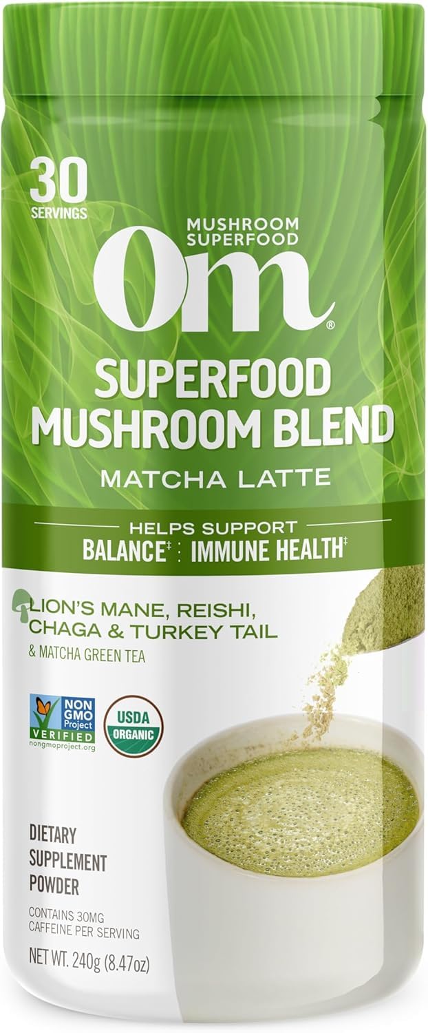 OM Mushroom Superfood Matcha Latte Blend canister front label for brand trust and clarity