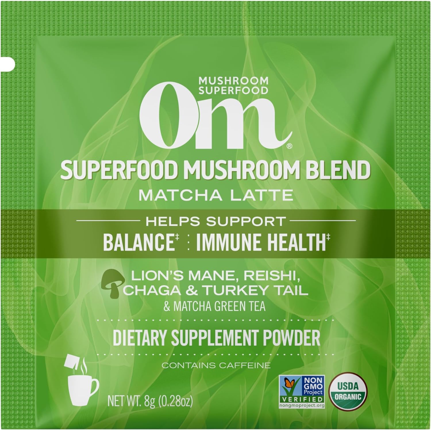 OM Mushroom Superfood Matcha Latte Blend foamy latte in cup