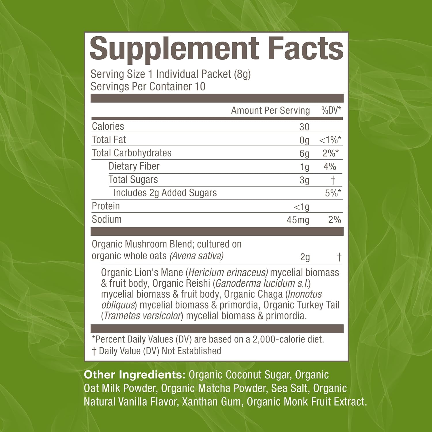 OM Mushroom Superfood Matcha Latte Blend Lions Mane label suggesting focus support