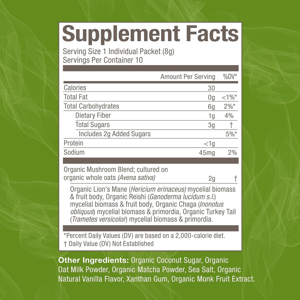OM Mushroom Superfood Matcha Latte Blend Lions Mane label suggesting focus support