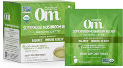 OM Mushroom Superfood Matcha Latte Blend mug with steam for a comforting start