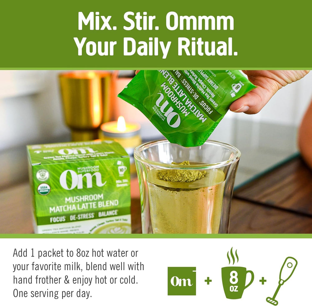 OM Mushroom Superfood Matcha Latte Blend mushroom trio on packaging