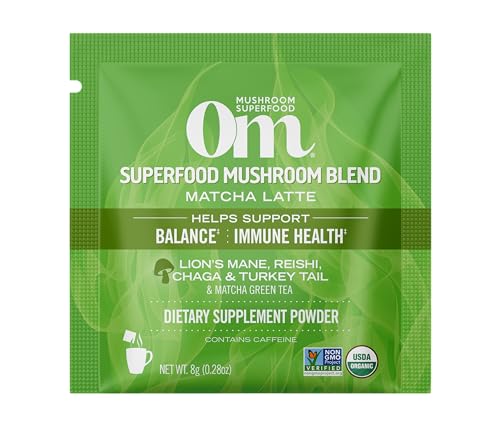 OM Mushroom Superfood Matcha Latte Blend single-serve packet ready to mix for on-the-go energy