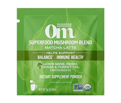 OM Mushroom Superfood Matcha Latte Blend single-serve packet ready to mix for on-the-go energy
