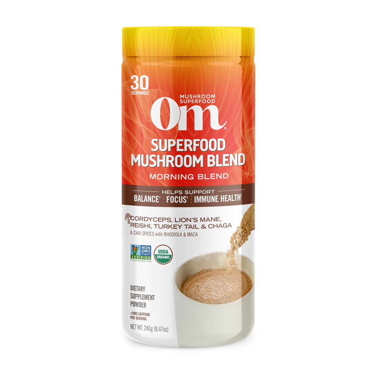 OM MUSHROOM SUPERFOOD Morning Energy Blend packshot highlighting caffeine-free energy