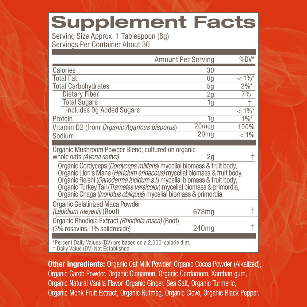 Fine powder texture of OM MUSHROOM SUPERFOOD Morning Energy Blend