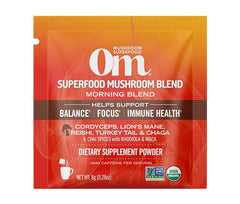 Steaming cup of OM Mushroom Superfood Morning Energy Blend with cozy latte vibes