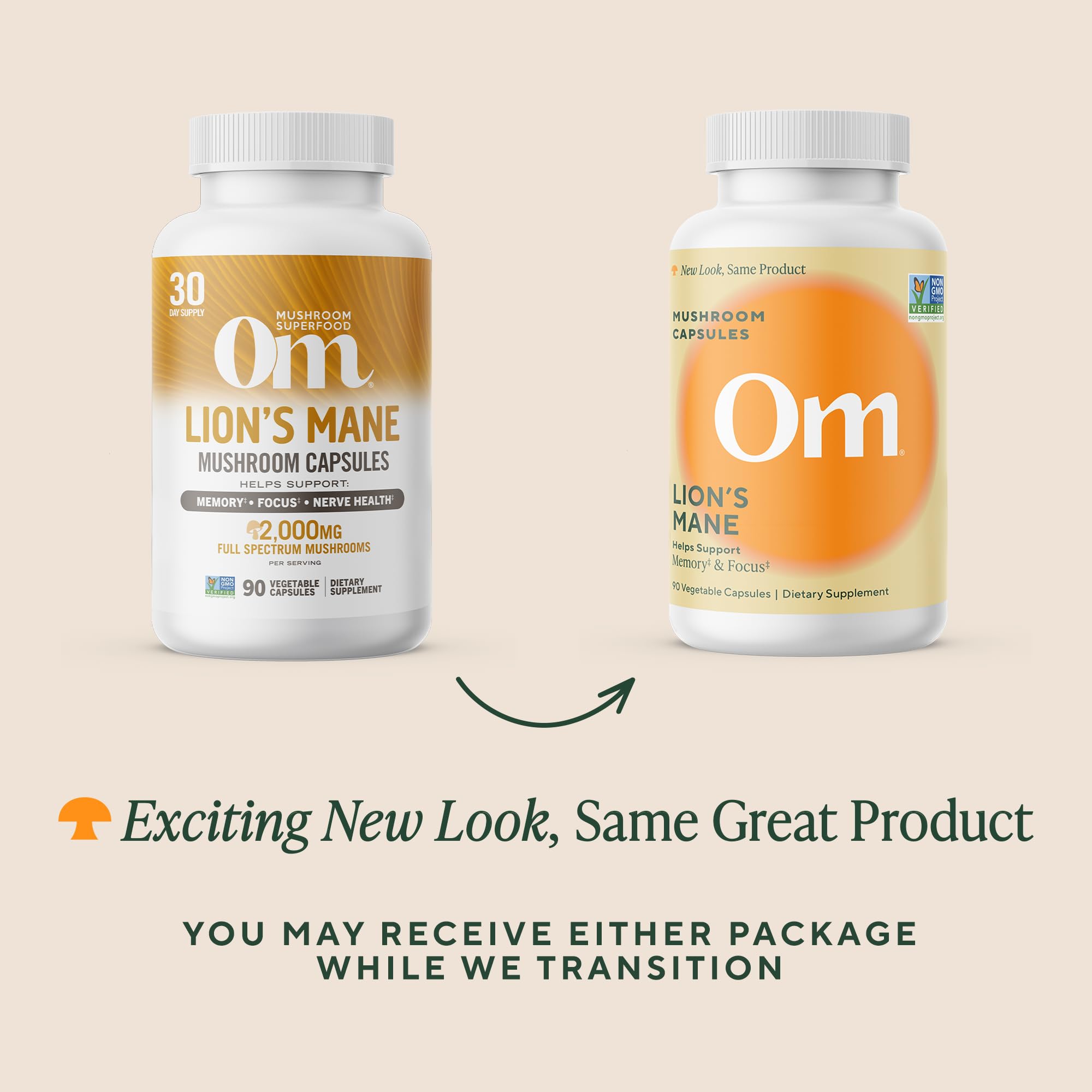 OM Mushroom Superfood Om Lion’s Mane capsules in hand highlight convenient daily use.