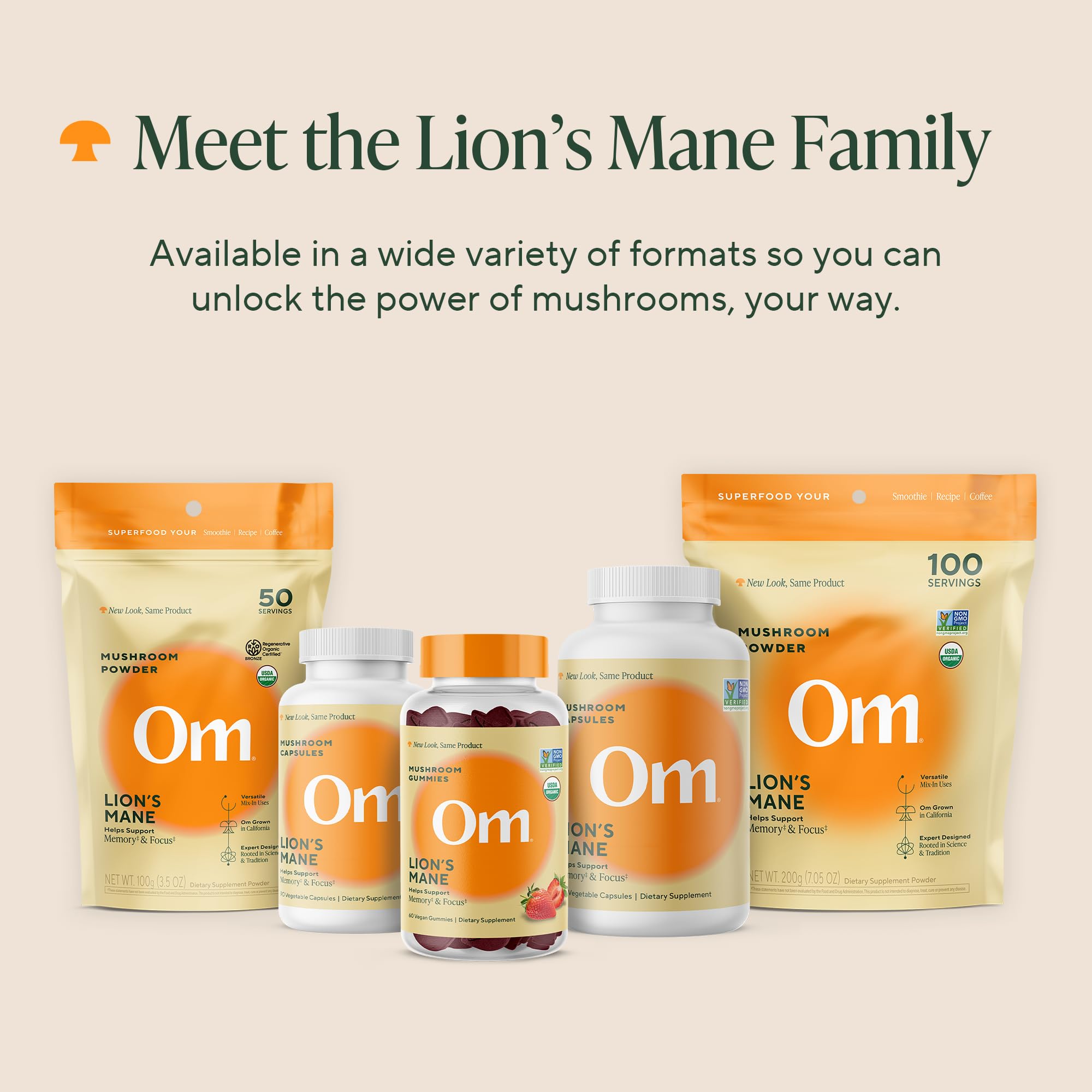 OM Mushroom Superfood Om Lion’s Mane bottle on kitchen counter hints self-care.