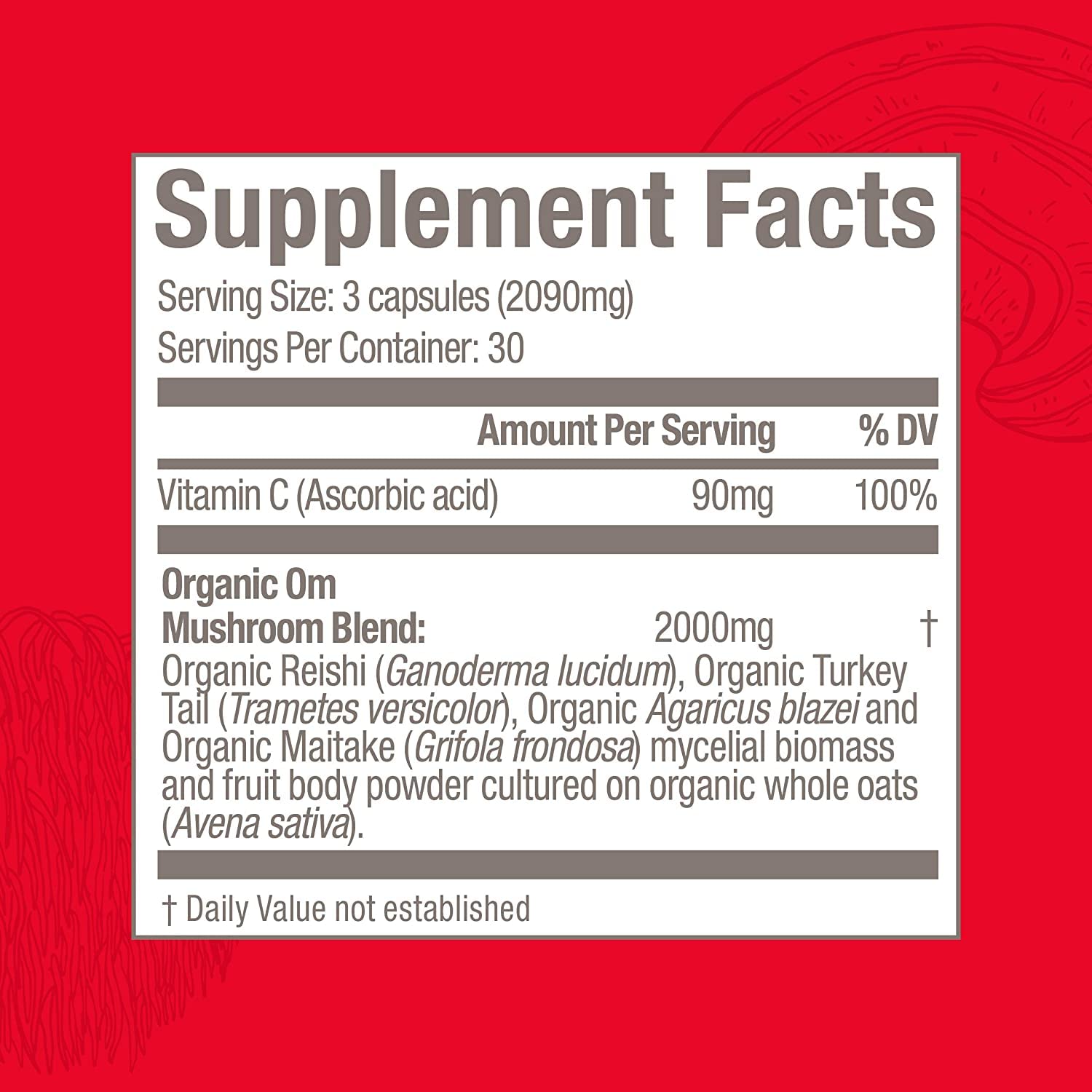 Om Mushroom Superfood organic-mycelial-biomass capsules showcase sustainable organic sourcing