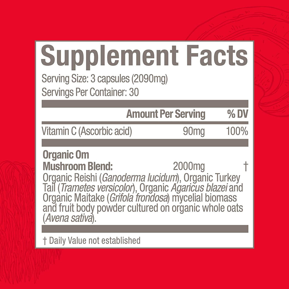 Om Mushroom Superfood organic-mycelial-biomass capsules showcase sustainable organic sourcing