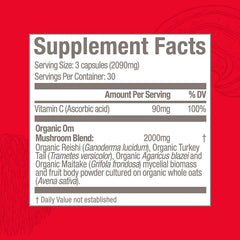 Om Mushroom Superfood organic-mycelial-biomass capsules showcase sustainable organic sourcing