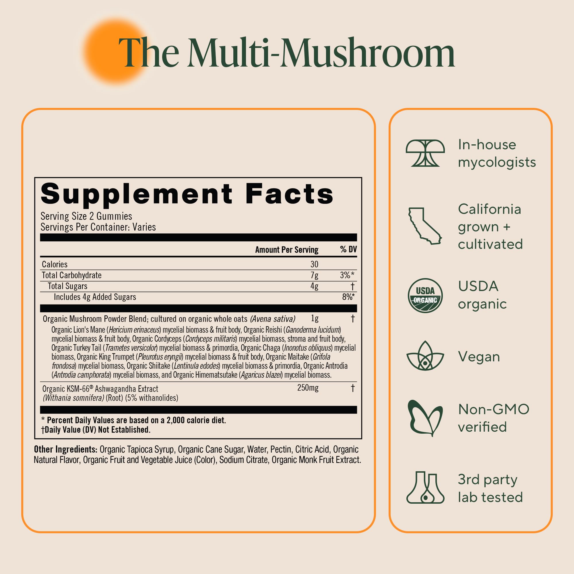Packaging showing 28 servings in OM Mushroom Superfood Master Blend box.