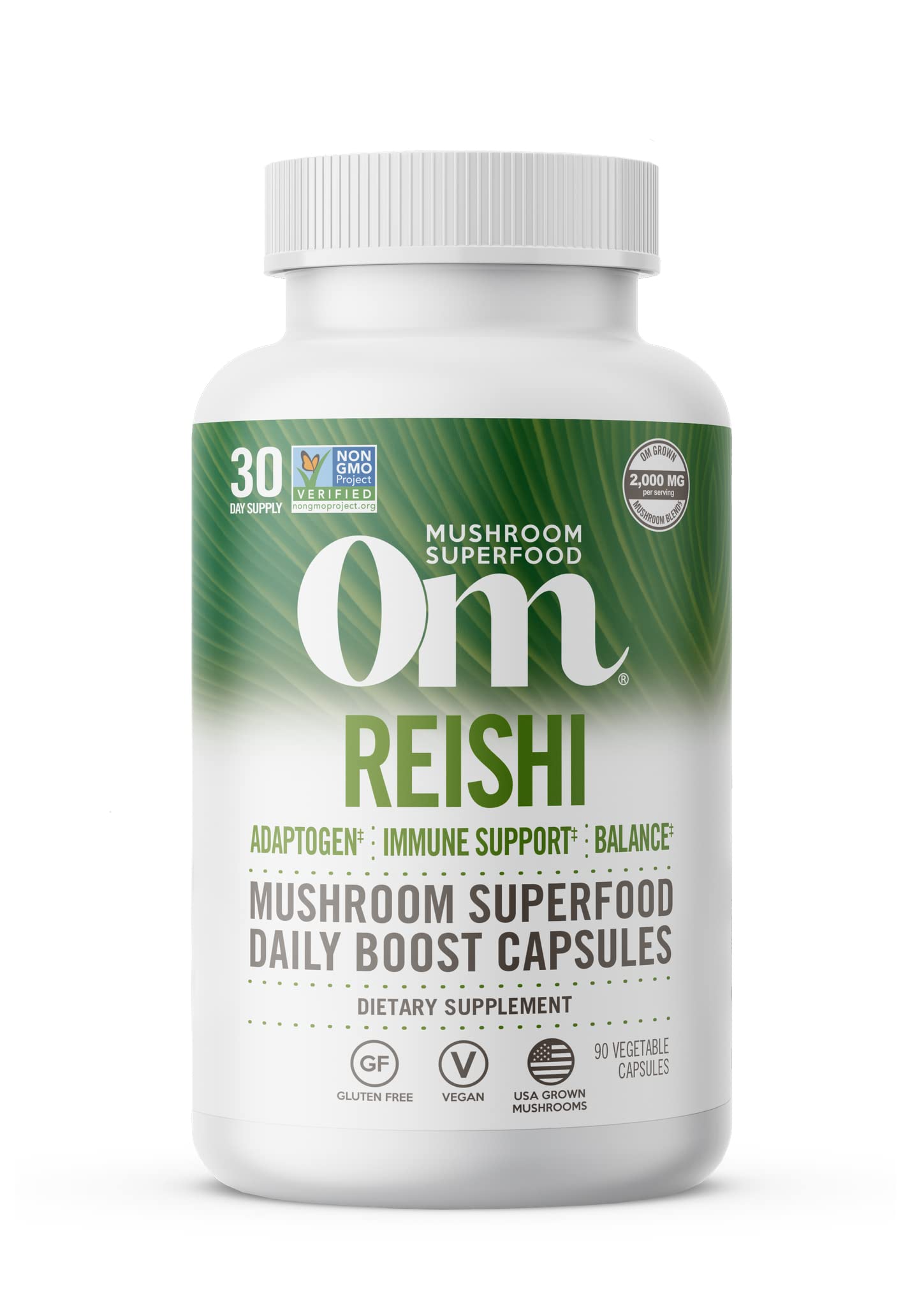 OM Mushroom Superfood Reishi capsules bottle for daily wellness.