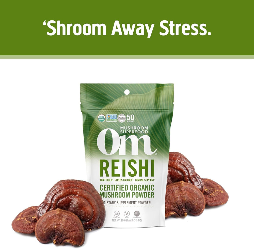 OM MUSHROOM SUPERFOOD Reishi label closeup confirms purity and origin.