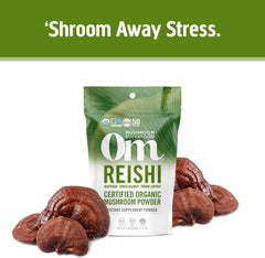 OM MUSHROOM SUPERFOOD Reishi label closeup confirms purity and origin.