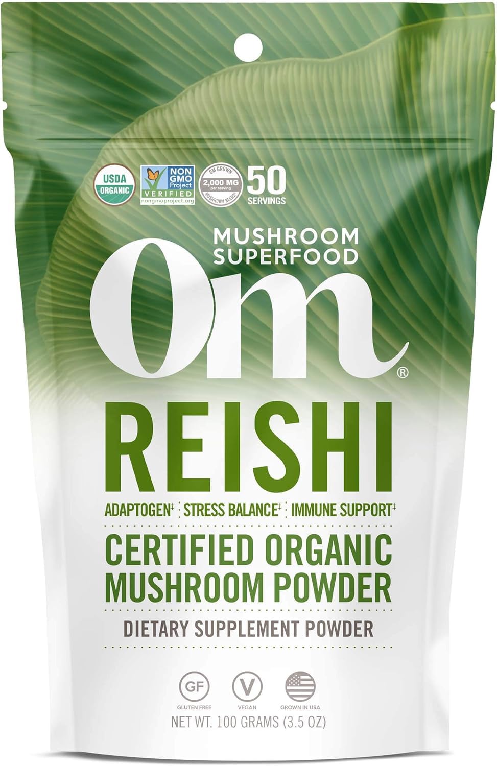 OM MUSHROOM SUPERFOOD Reishi powder tub ready for daily adaptogen use.