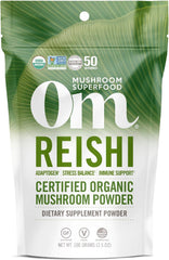 OM MUSHROOM SUPERFOOD Reishi powder tub ready for daily adaptogen use.