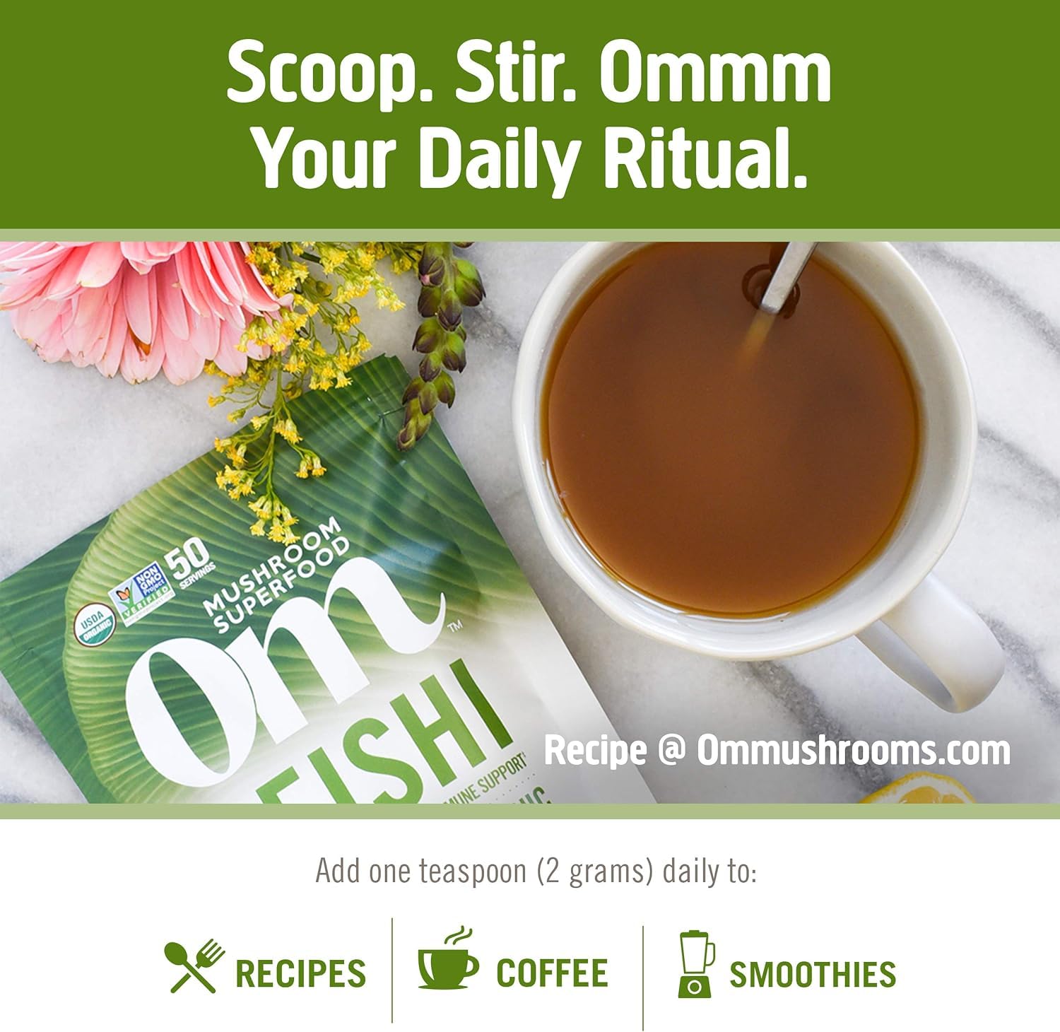 OM MUSHROOM SUPERFOOD Reishi in smoothie setup for subtle flavor.