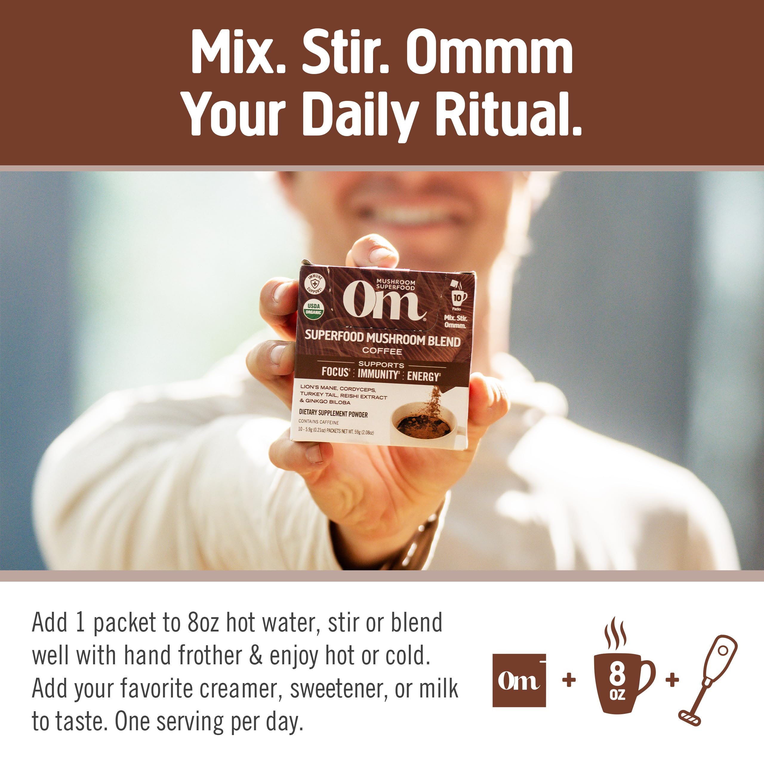 OM Mushroom Superfood single-serve packets make on-the-go wellness easy.