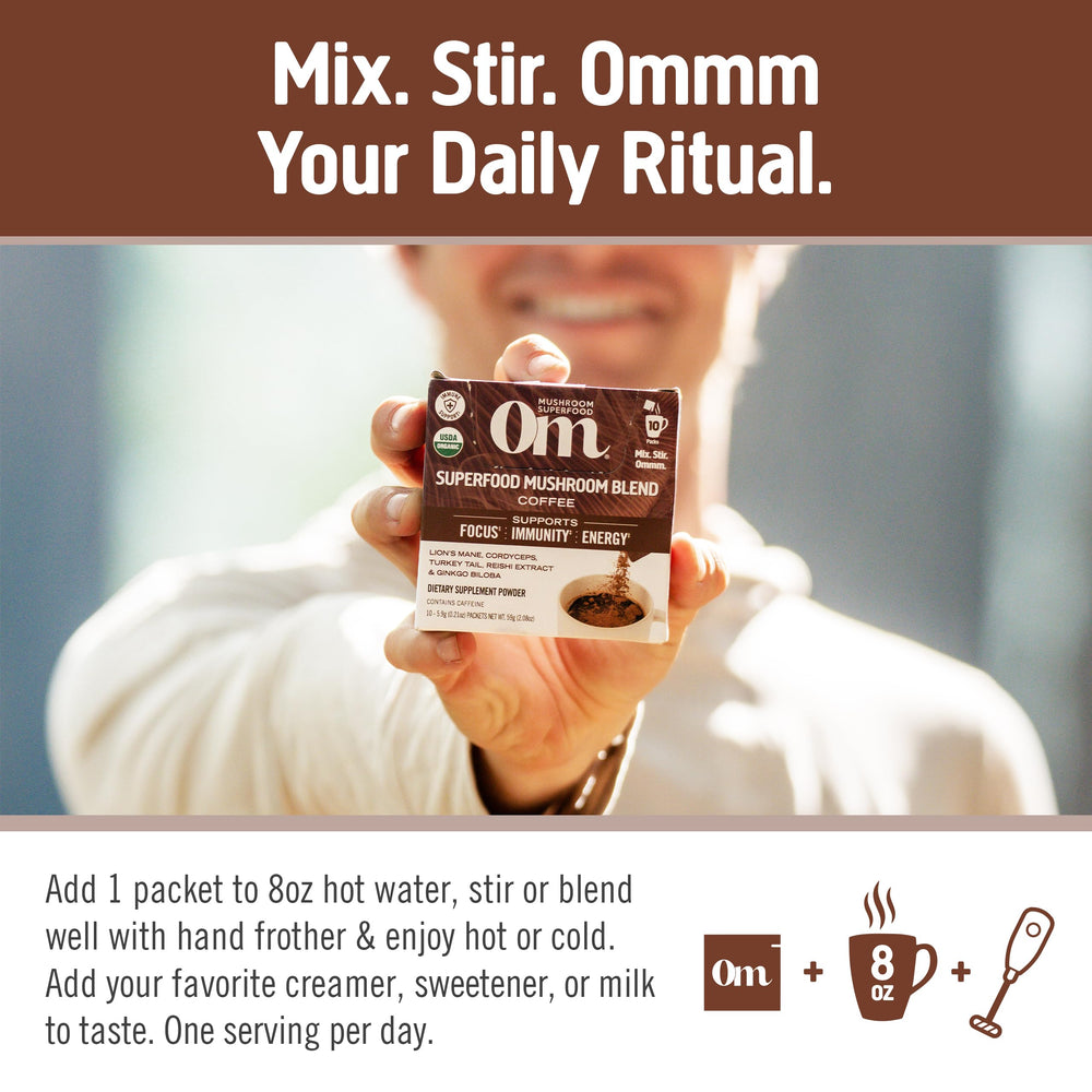 OM Mushroom Superfood single-serve packets make on-the-go wellness easy.