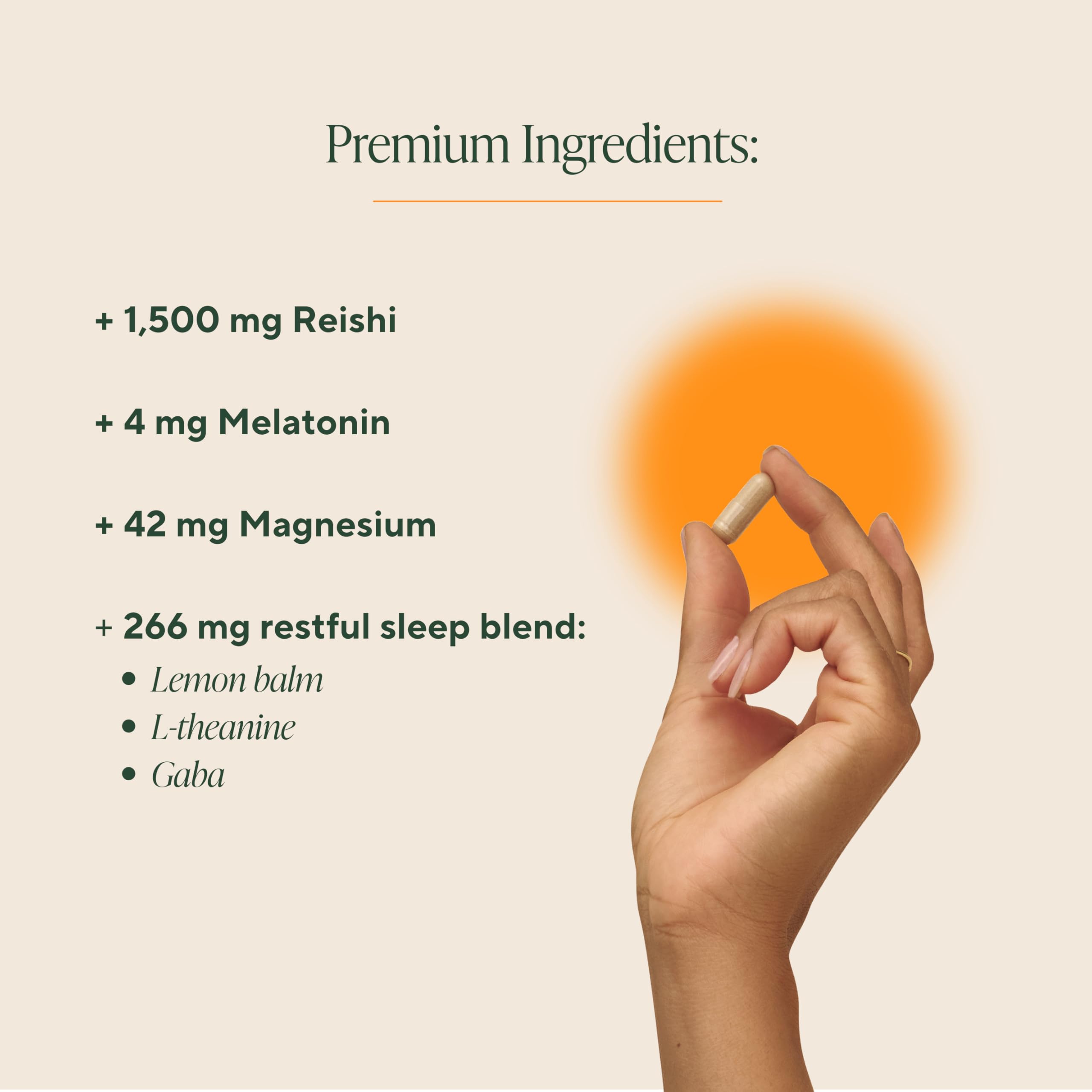 OM MUSHROOM SUPERFOOD Sleep Capsules ingredient chart emphasizes Reishi and melatonin benefits.