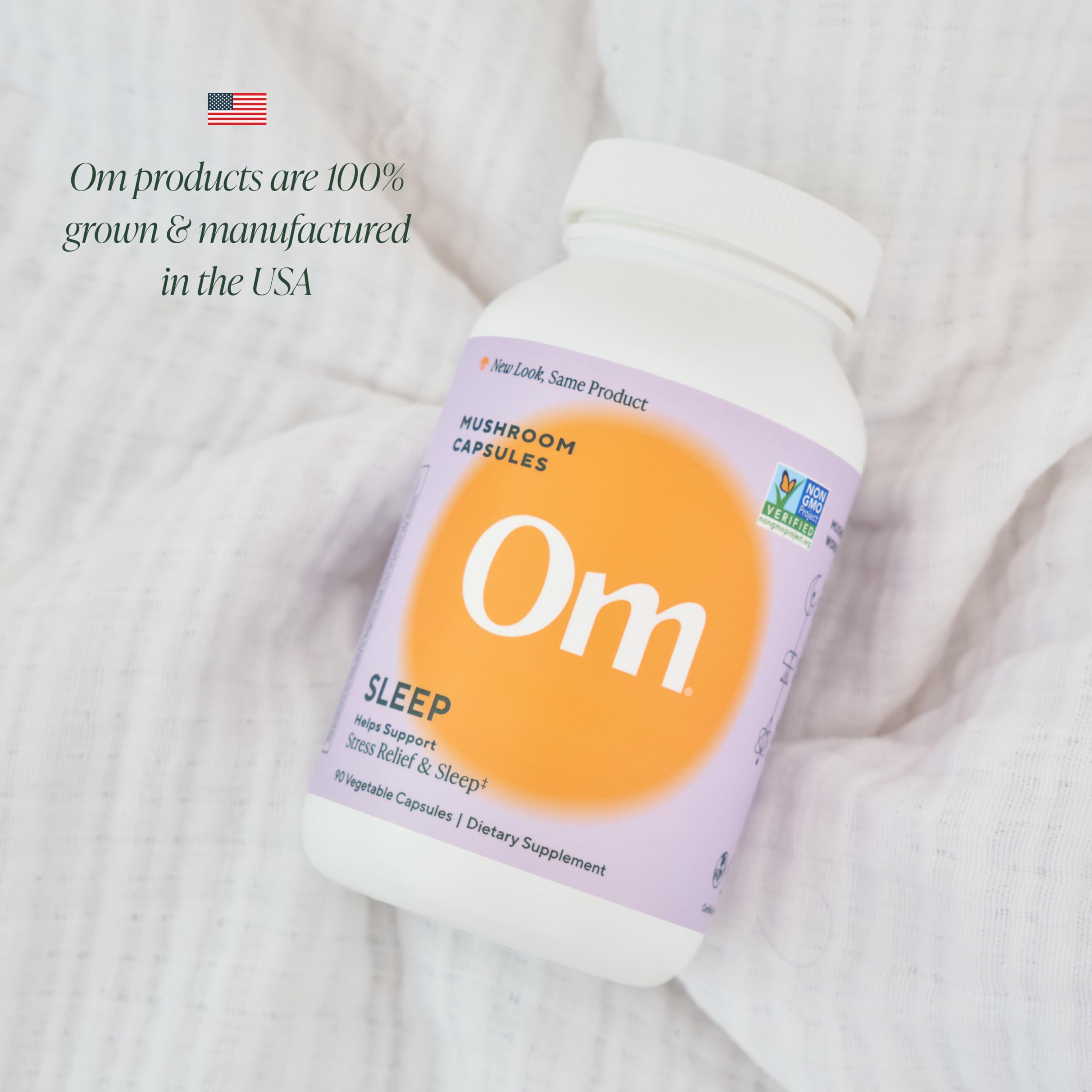 OM MUSHROOM SUPERFOOD Sleep Capsules US-grown mushrooms emphasize quality and purity.