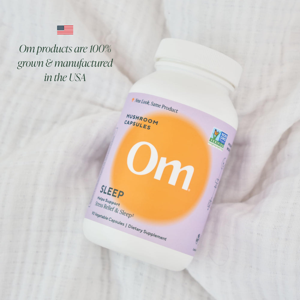 OM MUSHROOM SUPERFOOD Sleep Capsules US-grown mushrooms emphasize quality and purity.
