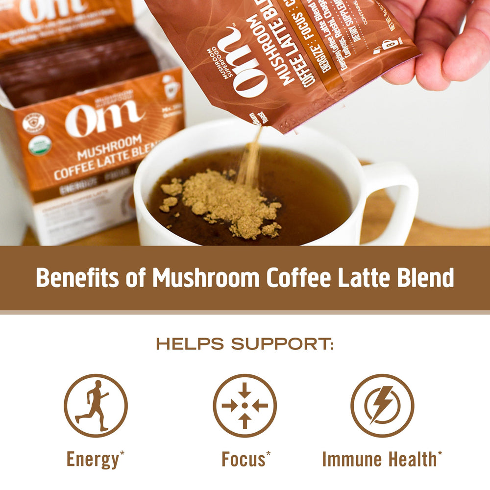 OM Mushroom Superfood third-party tested purity badge on packaging.