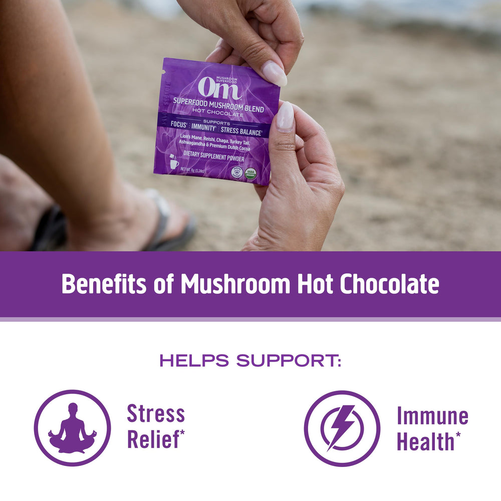 Travel-friendly OM Mushroom Superfood packet ready for on-site breaks.