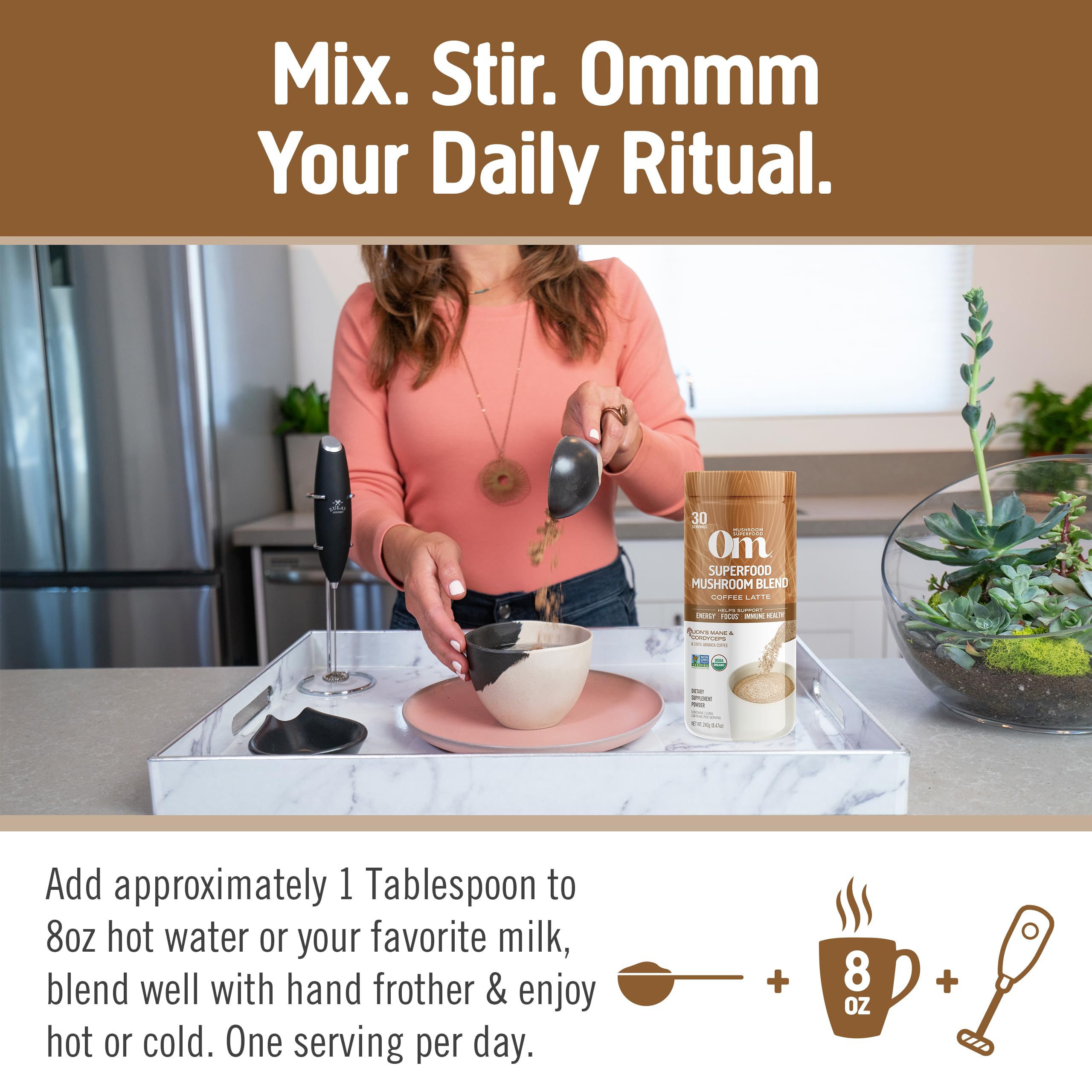 OM Mushroom Superfood USA grown organic powders on label.