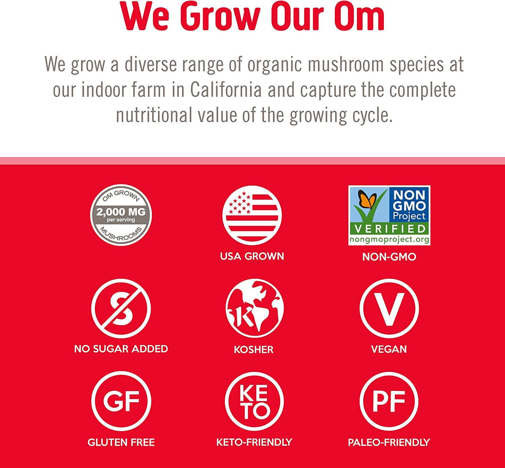 Om Mushroom Superfood vegan-gluten-free capsules signify plant-based wellness