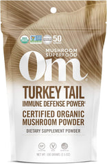 OM Mushroom Superfood Turkey Tail powder in bag closeup for organic immune support.