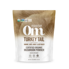 OM Mushroom Superfood Turkey Tail powder bottle front, organic immune-support formula.