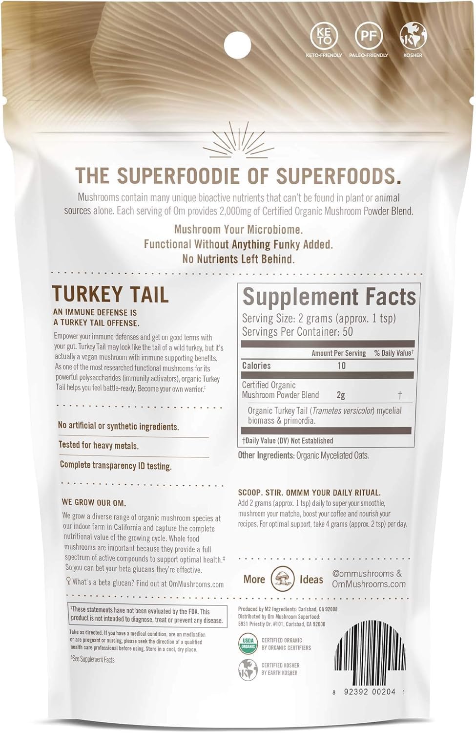 Daily use reminder with OM Mushroom Turkey Tail powder serving suggestion.