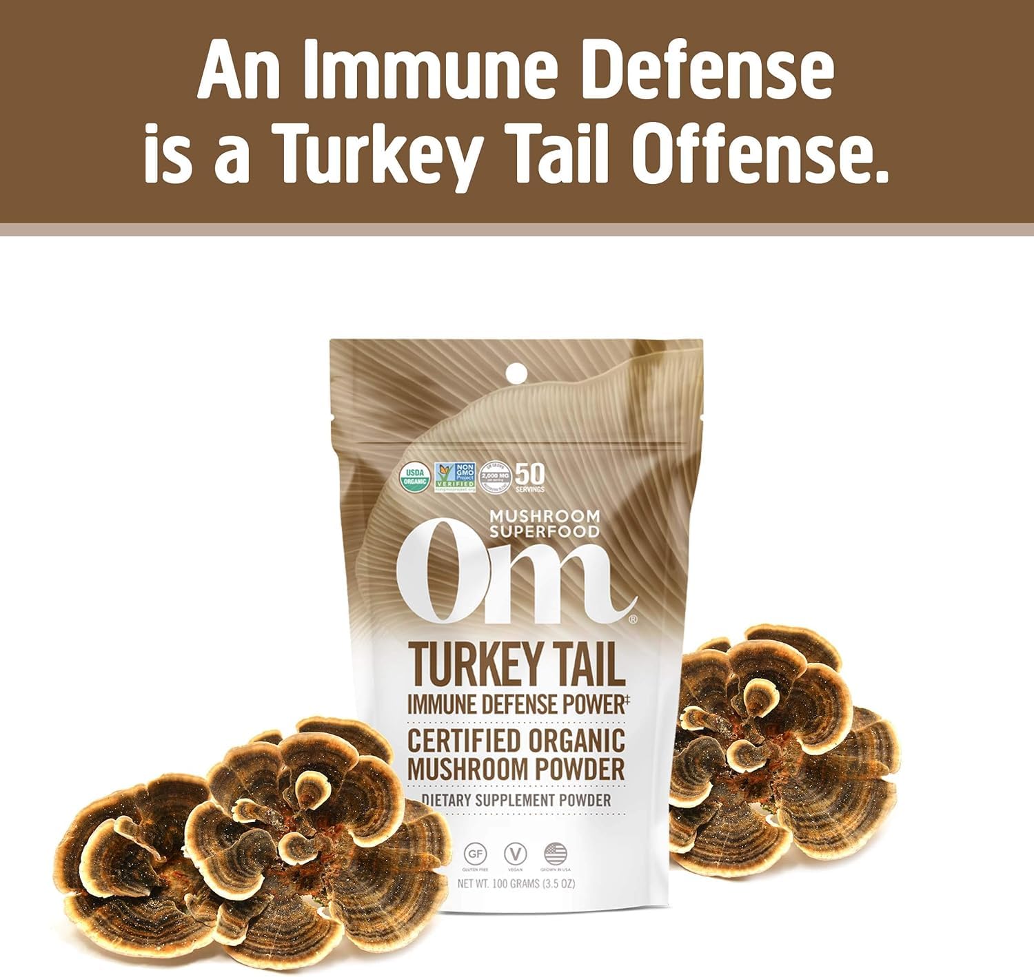 Scoop of OM Mushroom Turkey Tail powder ready for a simple daily serving.