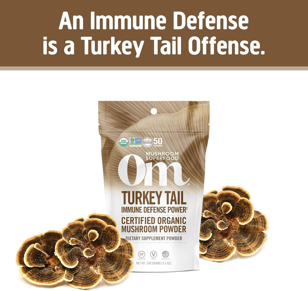 Scoop of OM Mushroom Turkey Tail powder ready for a simple daily serving.