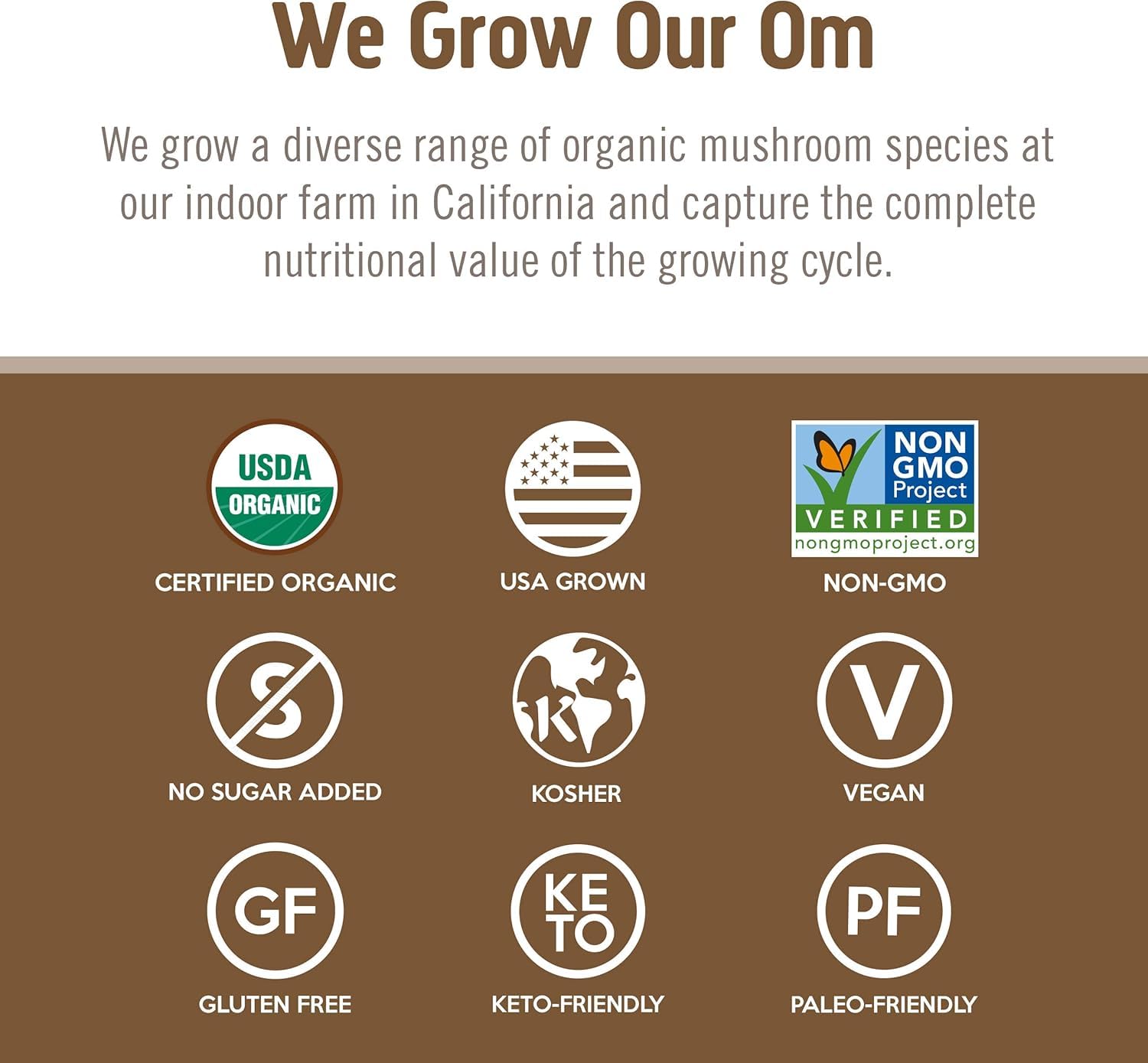USA-grown OM Mushroom Superfood production facility label on packaging.