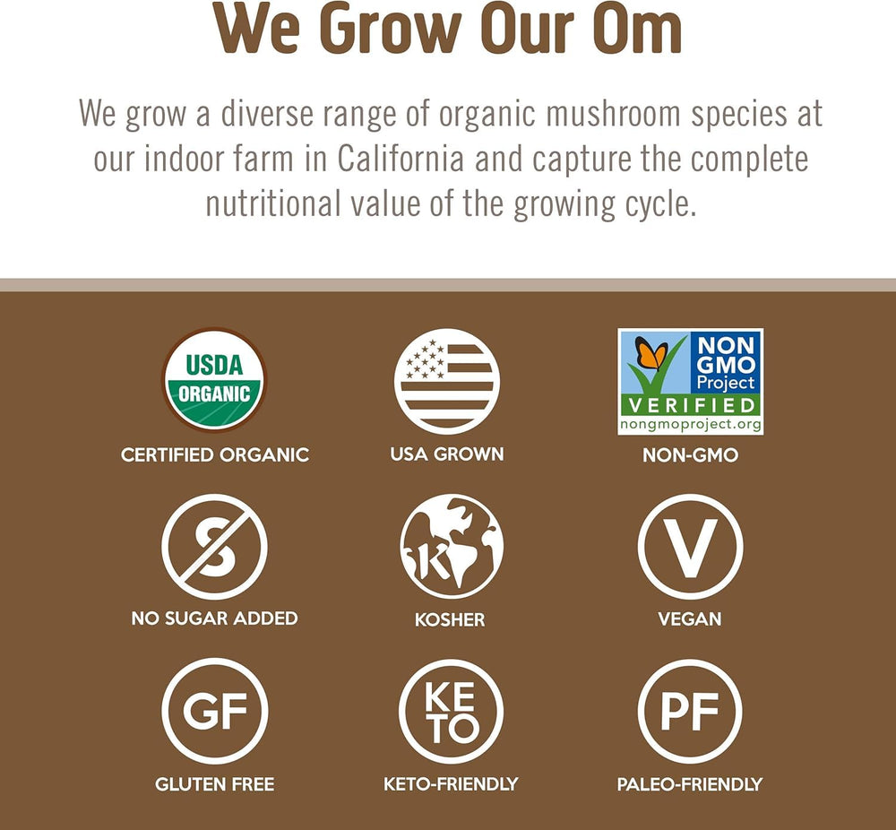 USA-grown OM Mushroom Superfood production facility label on packaging.