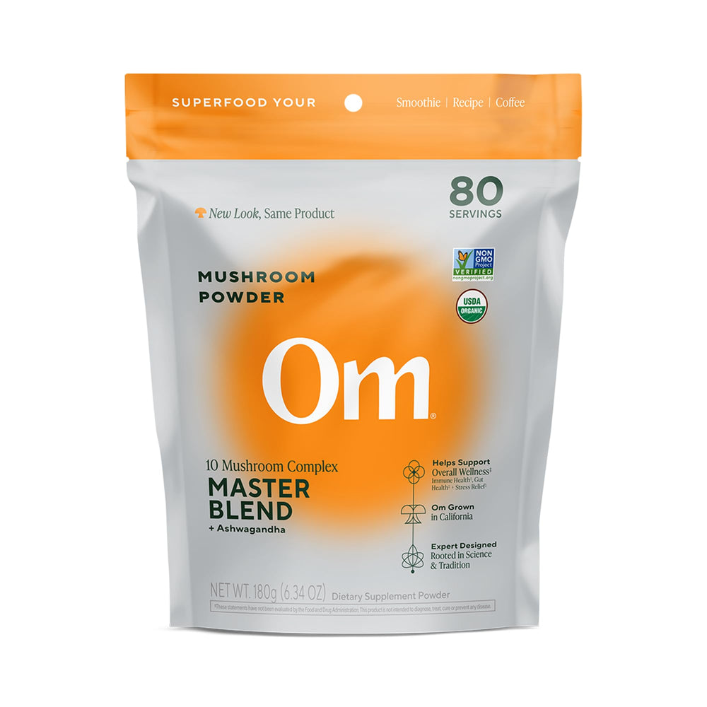 OM Mushrooms Master Blend bottle ready to mix for daily immune support.