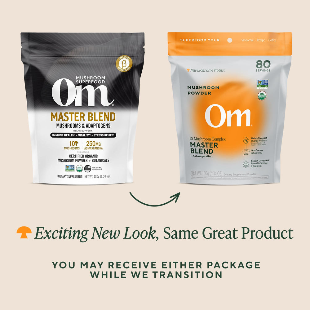 Label on OM Mushrooms Master Blend emphasizes organic, sustainably grown ingredients.