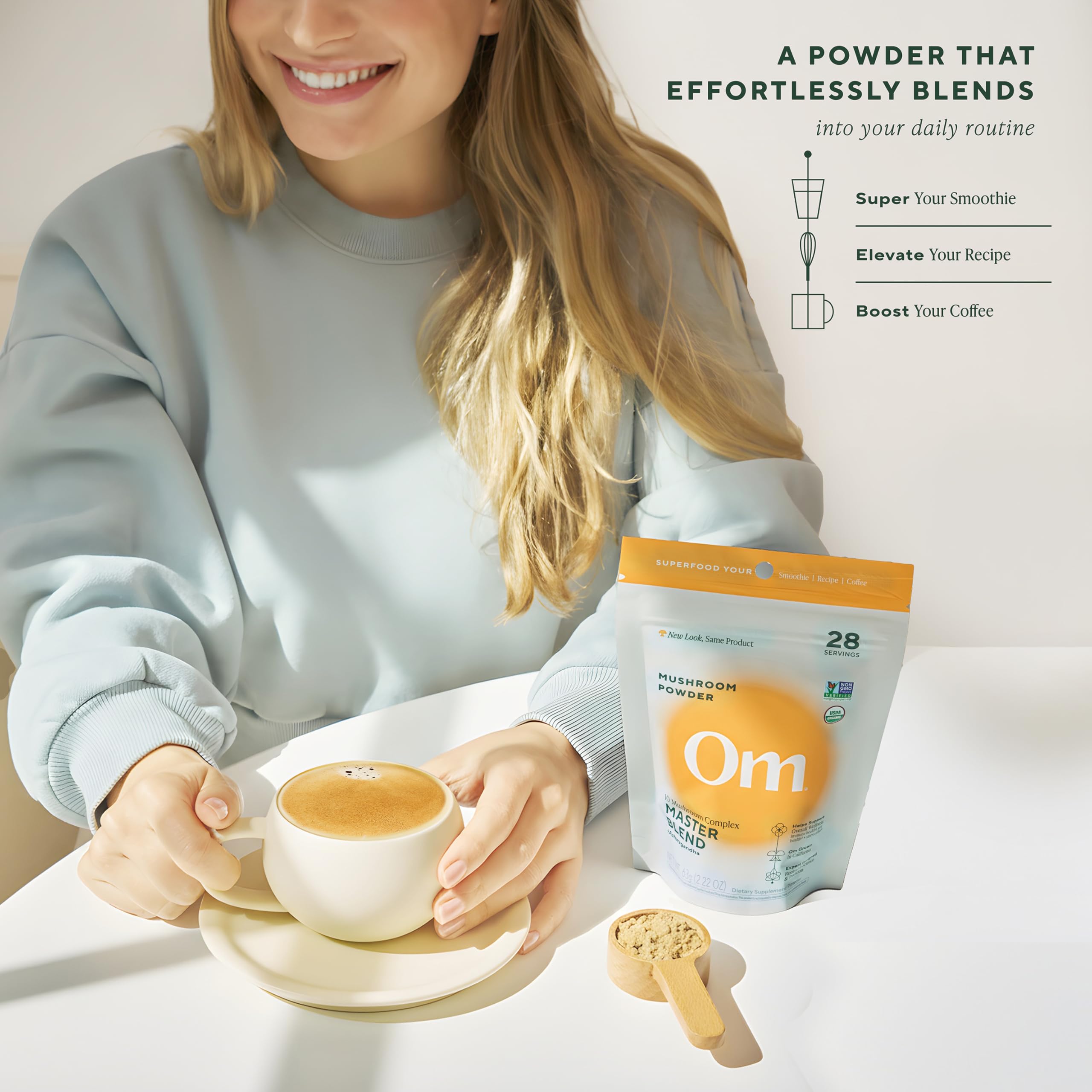 Serving scoop beside a glass shows easy daily gut-friendly routine.