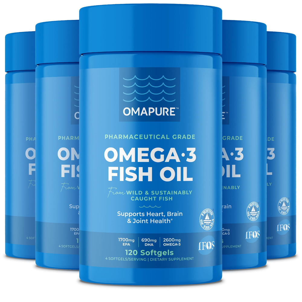 OMAPURE Fish Oil bottle front with clear branding for easy recognition
