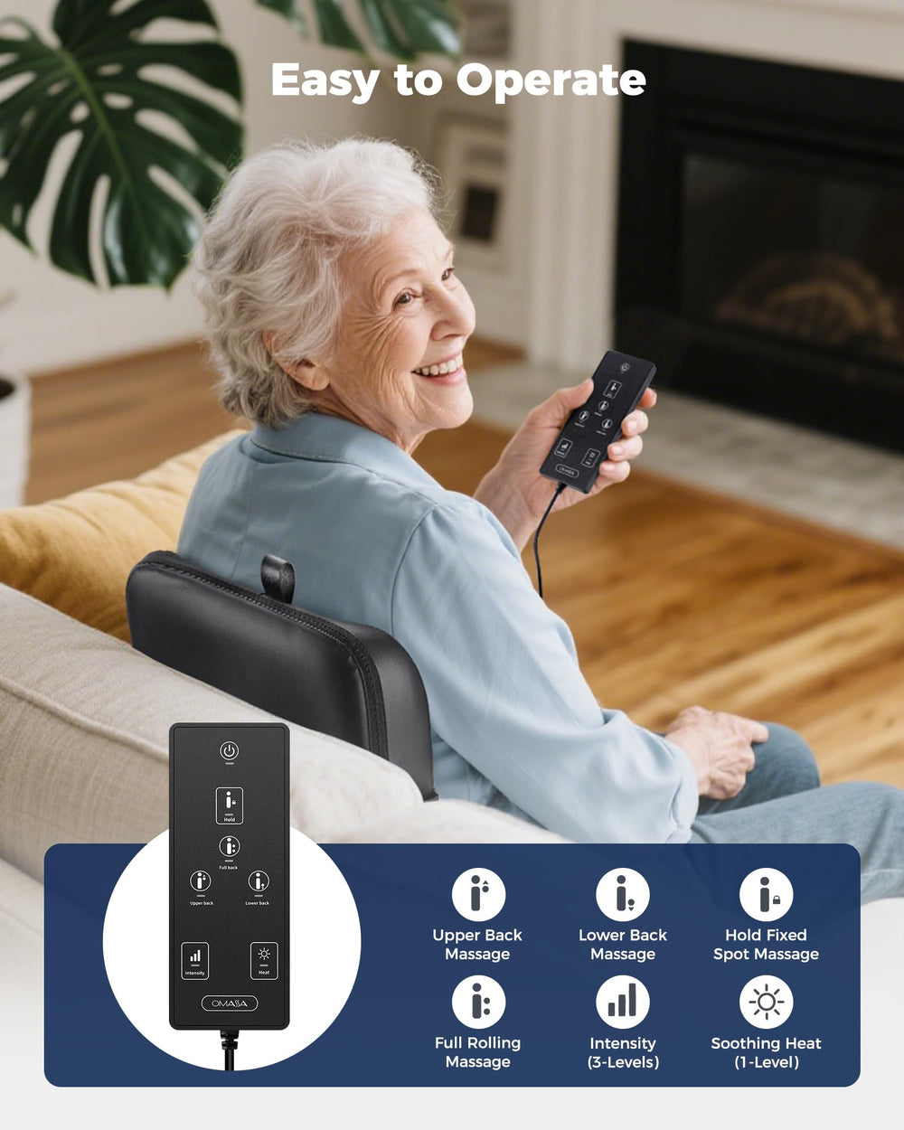 Heated back massager in use with safe heat settings by OMASSA